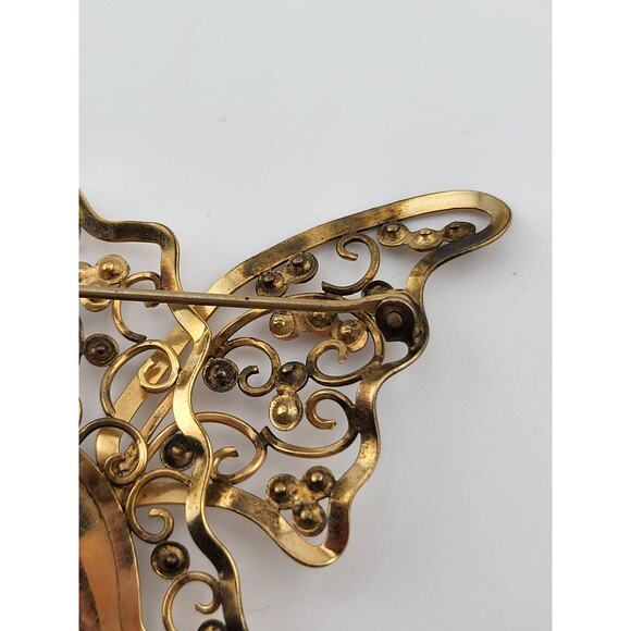 Vintage Regel 12K Gold Filled Butterfly Brooch 2" Filigree Rhinestone Pin - Picture 8 of 9